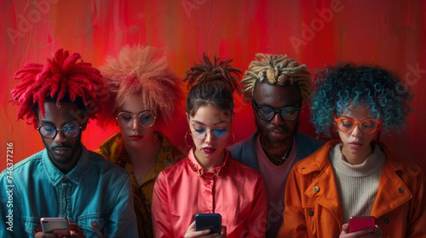 Obraz Multiethnic group of friends interacting with their smartphones. Lifestyle and digital generation,generative ai