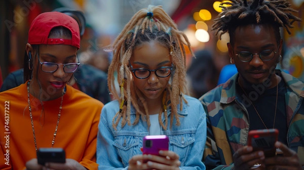Obraz Multiethnic group of friends interacting with their smartphones. Lifestyle and digital generation,generative ai