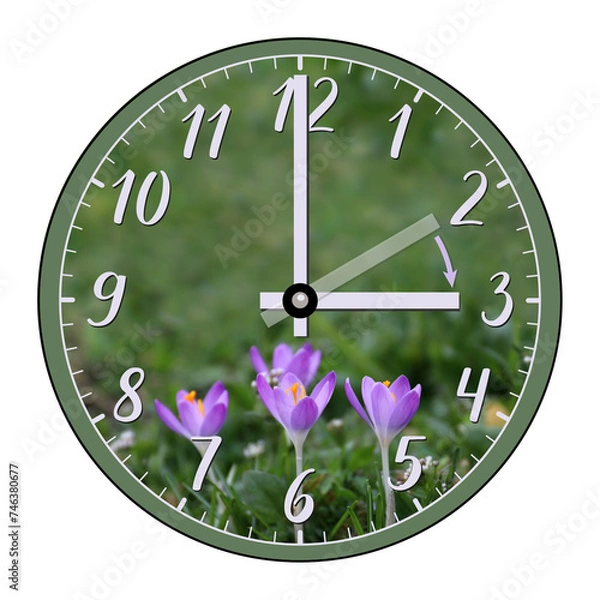 Fototapeta The clock shows the hand moving forward from 2 a.m. in winter to 3 a.m. in spring. Daylight saving time. The transition of time, the change of time, the shift to summer time. Isolated on white.