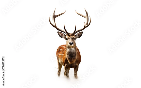 Fototapeta Majestic Deer With Large Antlers. A deer with large antlers stands proudly. The magnificent animal exhibits its impressive antlers. on a White or Clear Surface PNG Transparent Background.