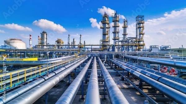 Fototapeta Exterior of modern silver petrochemical installation with reactors converters furnace chimneys communications under blue sky background with copyspace.