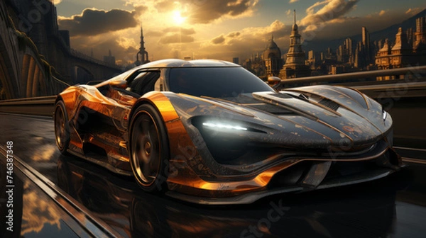 Fototapeta Fast Sport Car Auto Transport Luxury Race Toy Drive Design Road Model Wheel New Motor Red Classic Power Convertible Automotive, generative AI