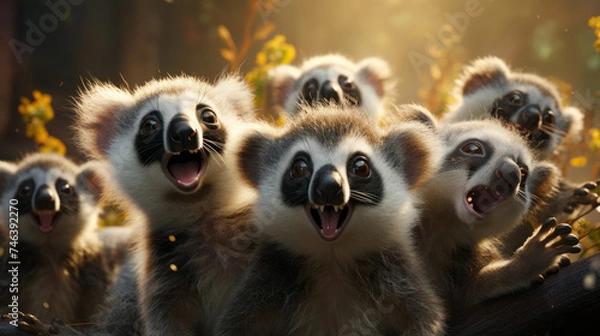 Fototapeta Magnificent Madagascar Lemur: Marvels of Wildlife in the Zoo - A Cute Ring-Tailed Mammal with Big Eyes and a Fluffy Tail Sitting in Nature, generative AI