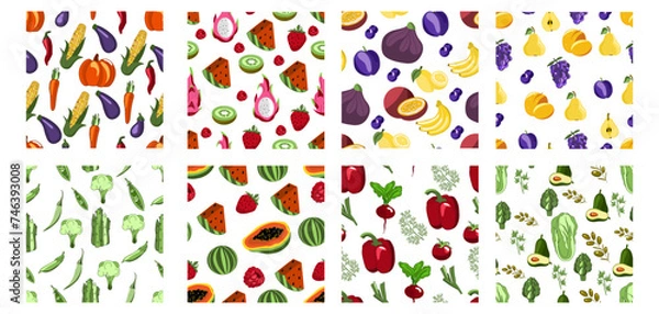 Fototapeta Seampless pattern with fruits and vegetables.Grapes, avocado, peppe and apricot, pear on a white background. Cute vector background.