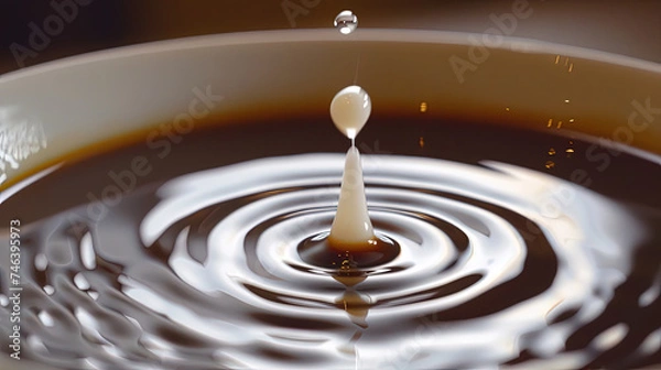 Fototapeta A white bowl holds a brown liquid, appearing full to the brim. The liquid is smooth and unagitated, creating a serene visual
