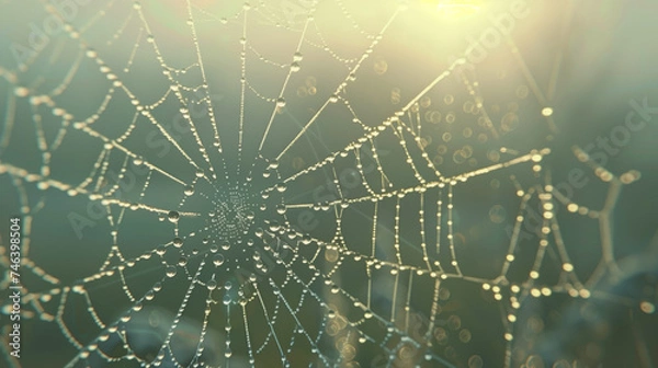 Fototapeta A spider web with dewdrops against the sunrise background
