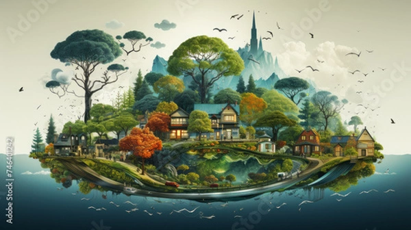 Fototapeta Vibrant Nature: Beautiful Summer Landscape Art with Trees, Water, and Sky in Abstract Seasonal Settings, generative AI