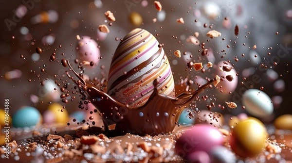 Fototapeta œuf de paque en chocolat avec motifs qui éclabousse du chocolat liquide 