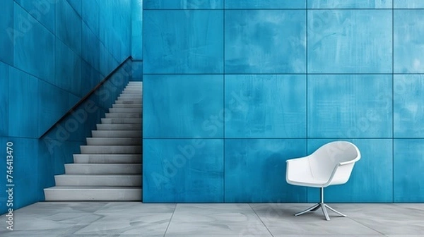 Obraz Blue wall and staircase interior. Generative AI