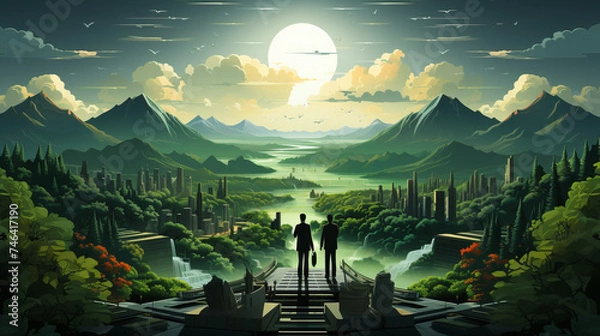 Fototapeta Epic Mountain Landscape with Sky, Nature Panorama, Sunset Views & Snowy Peaks: Scenic Travel through Forests, Valleys, and Hills, generative AI