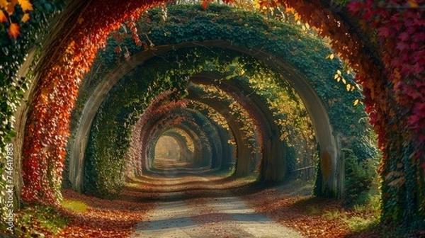 Fototapeta Autumn Fall Road landscape - Real trees tunnel, beautiful autumnal colors, sunny day