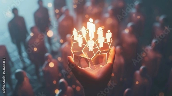 Fototapeta HR requirement . Abstract 3d human hand hold leader icon in hexagon on top of people pyramid. Manage human resources, team leader, recruitment process, change personnel, career growth, leadership