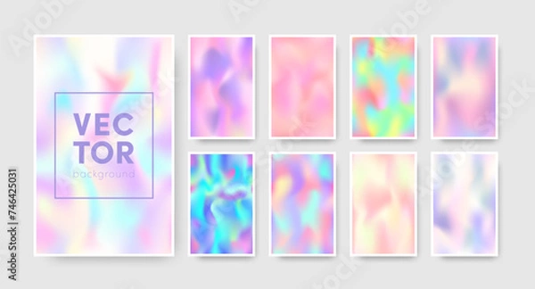 Fototapeta Vector abstract holographic vertical backgrounds set. Colorful shiny fluid gradient wallpapers collection for web, app, banner background.