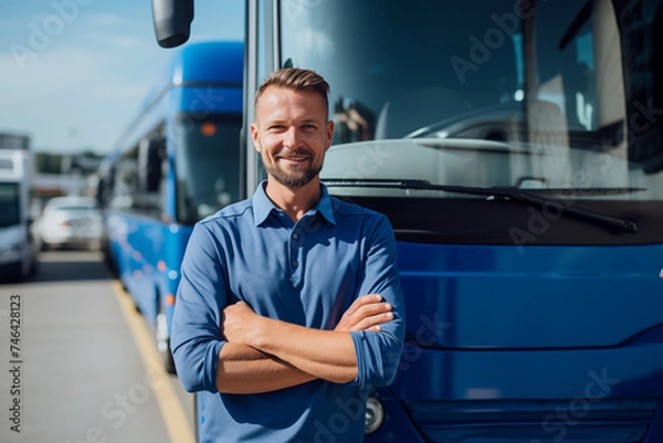 Obraz A male bus driver poses at the bus station in front of the transport company bus