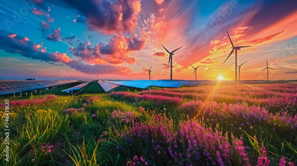 Fototapeta Green energy in the backcountry: alternative energy sources outside the city. 