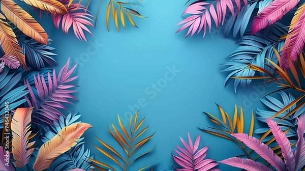 Fototapeta Aerial Oasis Symphony: 3D Rendered Top-View Summer-Themed Blue Background, Unveiling a Coastal Wonderland of Relaxation, Vibrant Ocean Hues, and Sunlit Tropical Paradise 