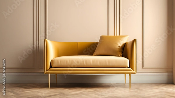 Fototapeta Isolated Luxury 3D Accent Chair. Rendering Against Gold Pastel Background. Front View Depicts Modern Armchair, Perfect for Interior Spaces