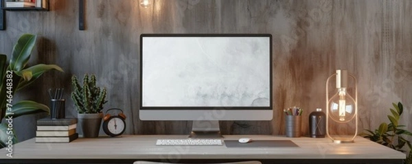 Fototapeta Blank screen desktop computer on white table with green plants on sides