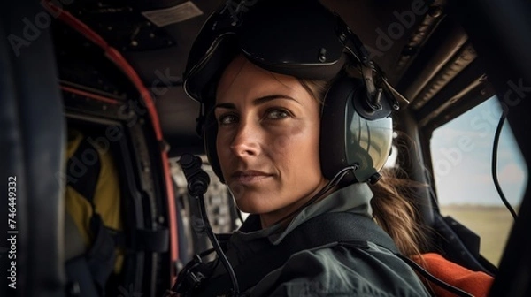 Fototapeta Close-up of determined pilot artfully maneuvering helicopter during search and rescue mission soft natural lighting