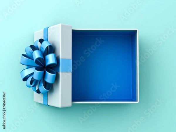 Fototapeta Blank open white gift box with blue bottom inside or top view of opened present box with blue ribbon and bow isolated on light blue pastel color or cyan background minimal concepts 3D rendering
