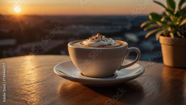 Fototapeta A cup of coffee and a dessert and it's on the table, it's a realistic sunset. generative AI