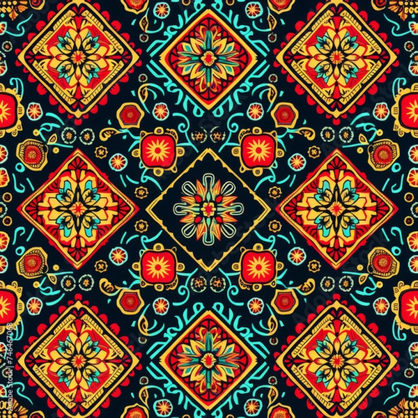 Fototapeta Ethnic ikat seamless pattern geometric abstract designs with traditional motifs.