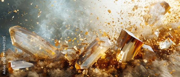 Fototapeta Stone, shiny crystals.Textured background with exploding particles, golden elements, lights. explosion of rocks. Generative ai.