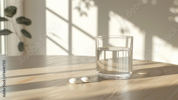 Fototapeta glass of water and pill on a wooden table with warm lighting, healthcare and wellness concept