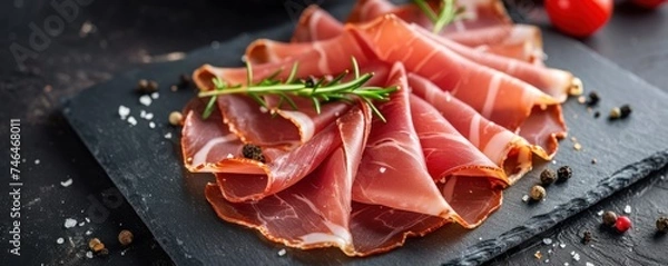 Fototapeta Spanish jamon ham sliced on black modern slate top view.