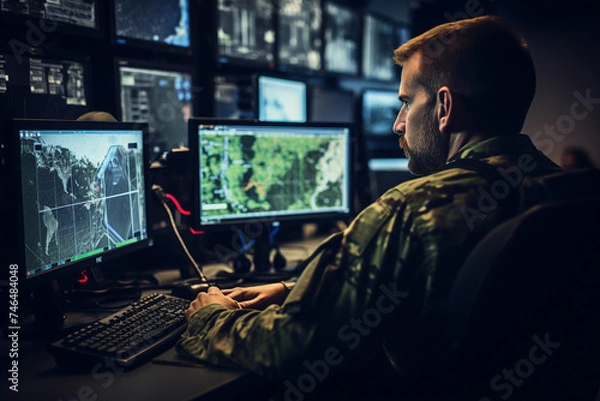 Fototapeta AI generated portrait of military checking and working on computer for surveillance tracking drone operations