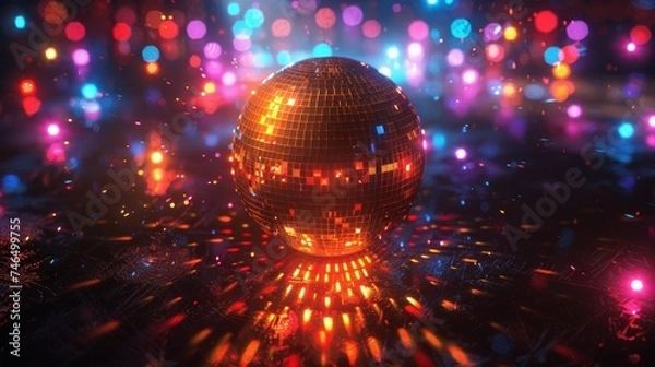 Obraz A disco ball is surrounded by colorful lights on a dark background, AI