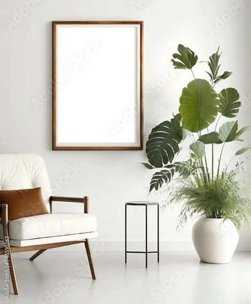 Fototapeta White living room design. View of modern scandinavian style interior with artwork mock up on wall	