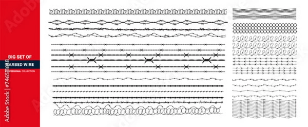 Fototapeta Razor wire silhouettes. Barbed wire metallic border elements, barb wire set, barb wire icon.