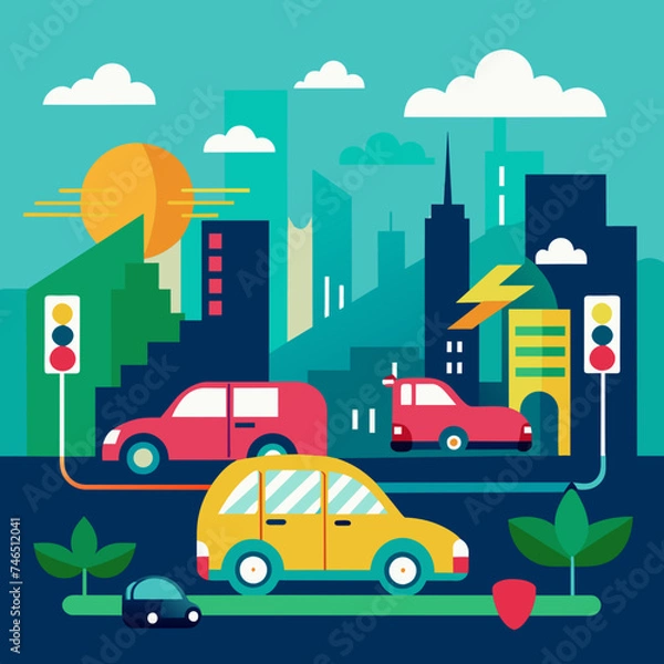 Fototapeta Urban landscape with electric cars replacing traditional vehicles. vektor illustation