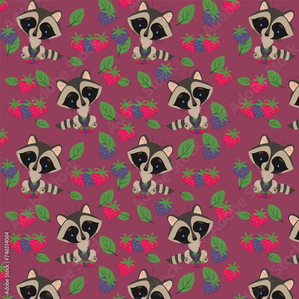 Fototapeta Vector children's illustration. Forest animals, Raccoons, raspberries and blackberries . The pattern for printing.