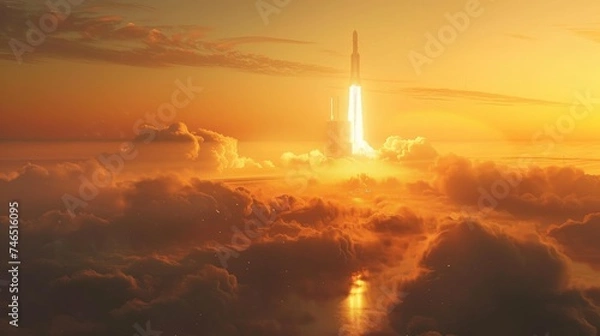 Fototapeta A space rocket ignites its engines, ascending through a dramatic dawn sky peppered with golden clouds.