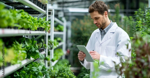 Fototapeta Agronomist Monitoring Plants in High-Tech Greenhouse. A focused agronomist using a tablet to analyze and monitor plant health in a modern, high-tech indoor farm greenhouse.