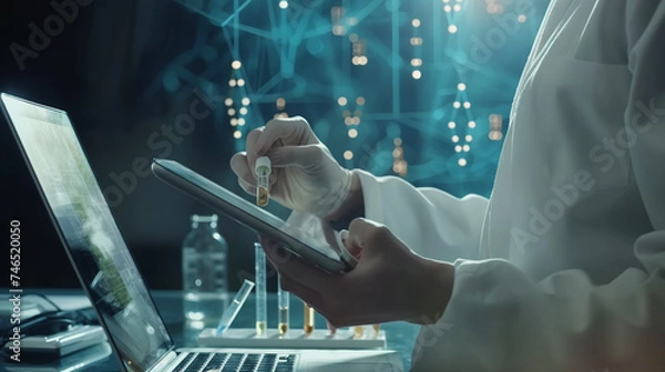 Obraz Scientists analyze information using a digital tablet. modern data visualizations. Generative AI digital Images.