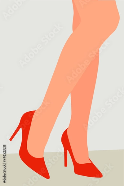 Fototapeta Red female pairs of legs in high heels: slingbacks, pumps, wedge-heeled shoes, clogs, stilettos, isolated on white background. Flat cartoon colorful vector illustration.