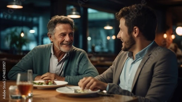 Fototapeta An Older Man and a Younger Man Share a Meal and Have a Laugh. Fictional Character Created By Generated By Generated AI.