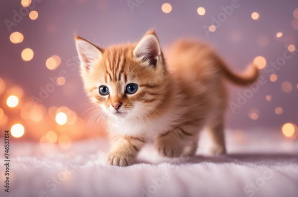 Fototapeta Orange Kitten Exploring with Curiosity on a Soft White Blanket with Warm Bokeh Lights