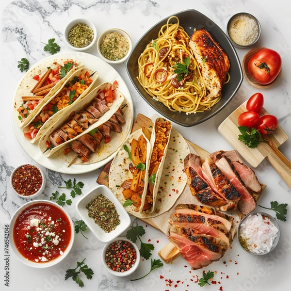 Obraz pasta with shrimps and vegetables