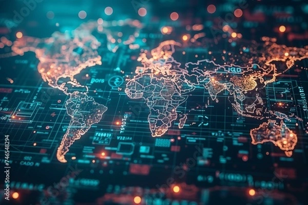 Fototapeta Digital Connectivity and Global Network Map