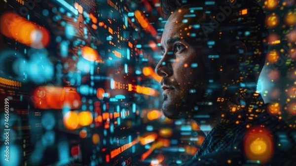Fototapeta Businessman with computer background with technology theme hologram. Concept of big data. Double exposure.