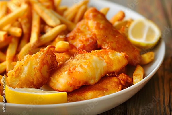 Fototapeta Fish and chips fried in batter served with lemon, traditional England food.