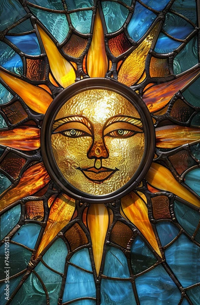 Fototapeta Stained glass window with colorful illustration of the sun. Generative AI.  