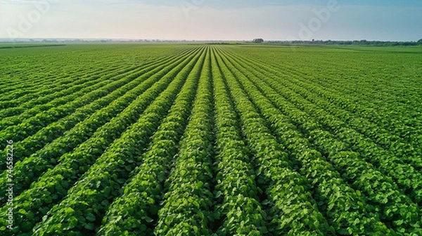 Fototapeta View of a vast soybean farm agricultural field with a blue sky background.