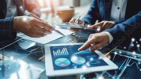 Fototapeta Professionals explore complex data analytics displayed on digital tablet, highlighting modern business strategy and decision-making. Business and latest analysis technologies
