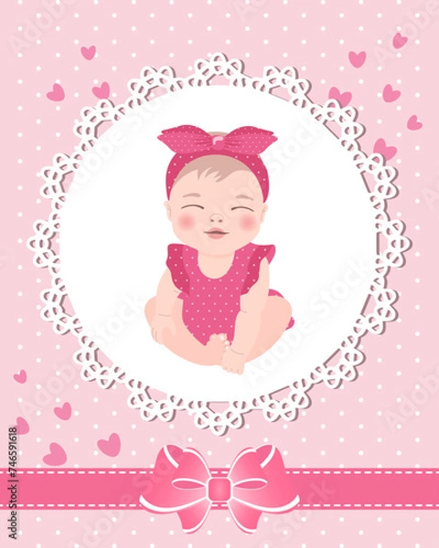 Fototapeta Children's greeting card with a cute baby girl on a lace template with a bow and hearts. Newborn design, vector.