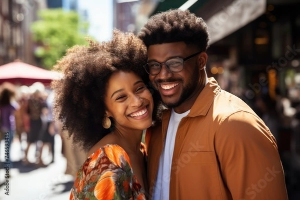 Fototapeta Happy African American couple hugging on the street on a summer day happily on holiday